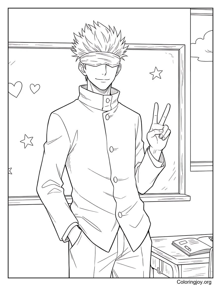 Gojo Satoru sonriendo en el aula