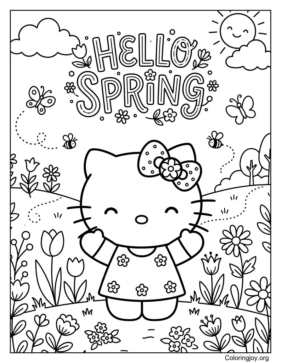 Hello Kitty Observando abejas alrededor de las flores