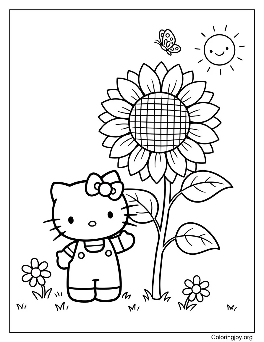 Hello Kitty Oliendo un girasol gigante