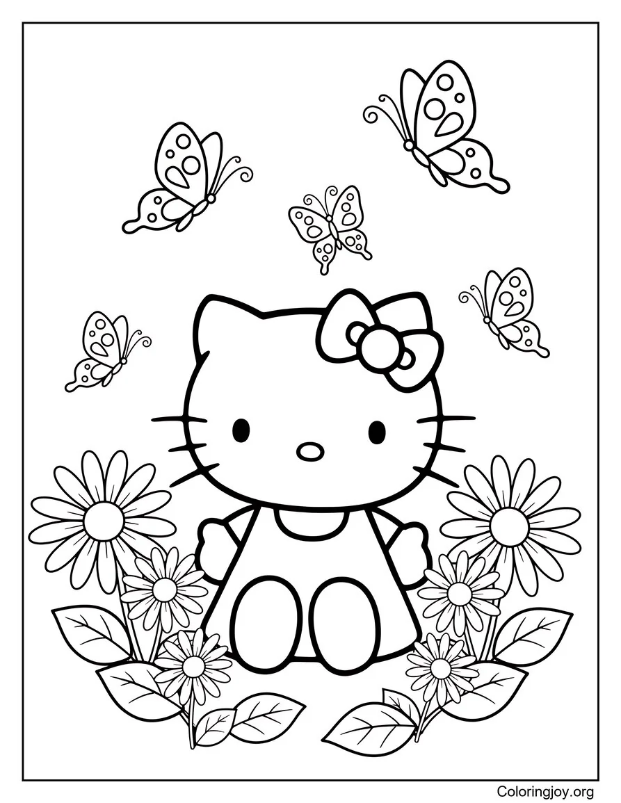 Hello Kitty Pintando flores de primavera