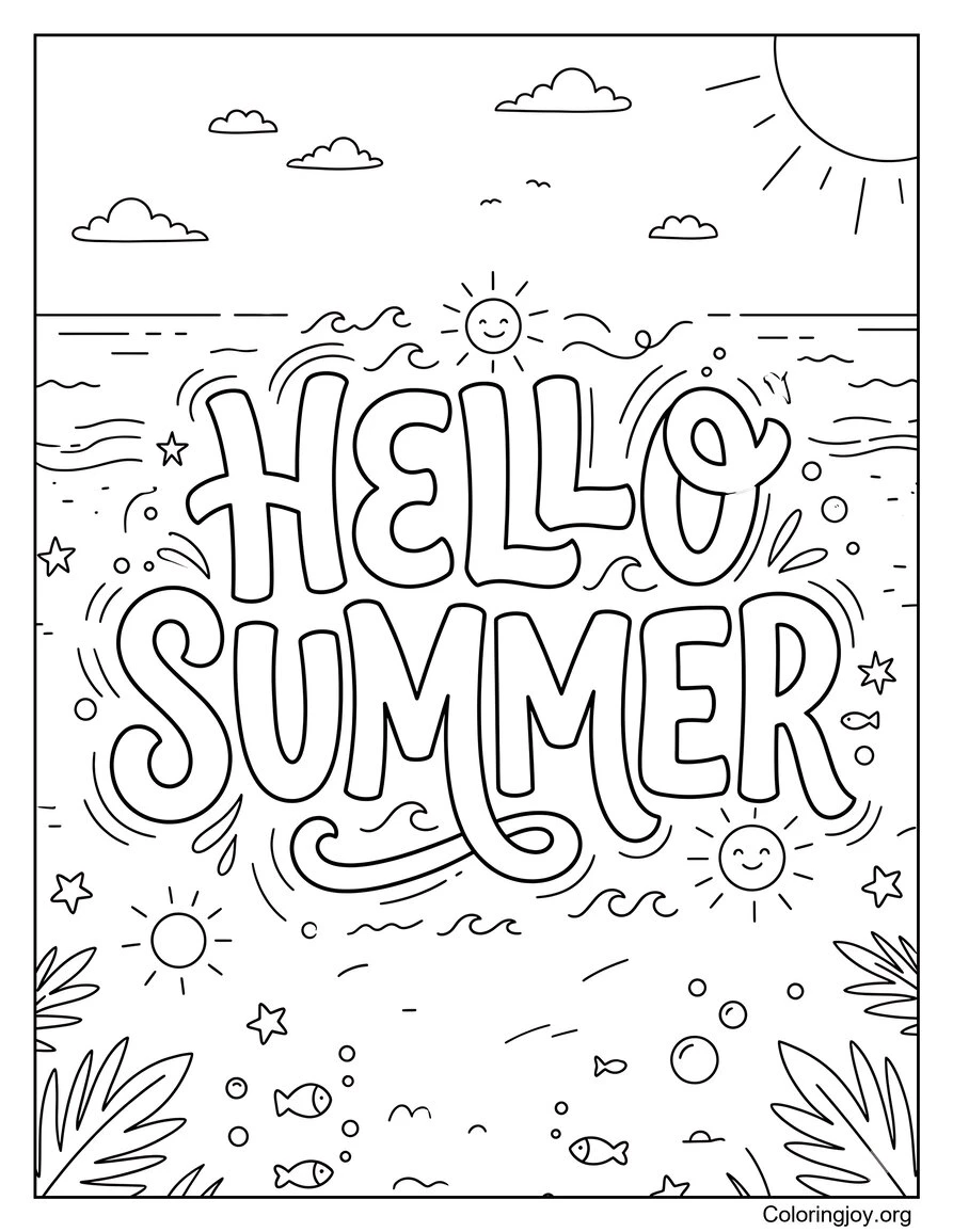 Hola Verano Hoja para colorear con texto en negrita para niños