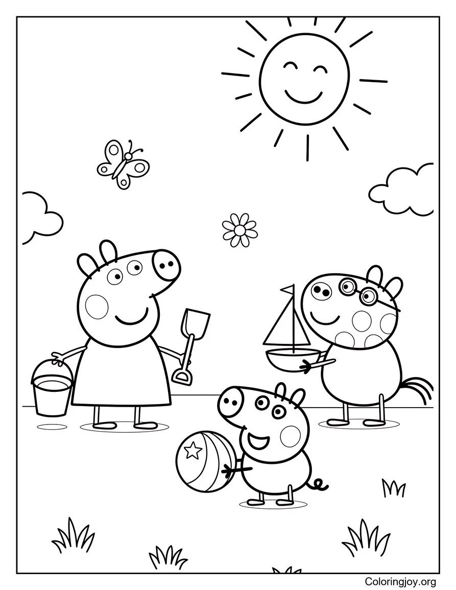 Jugando juguetes de verano con George y Pedro Pony Peppa Pig Hoja para colorear