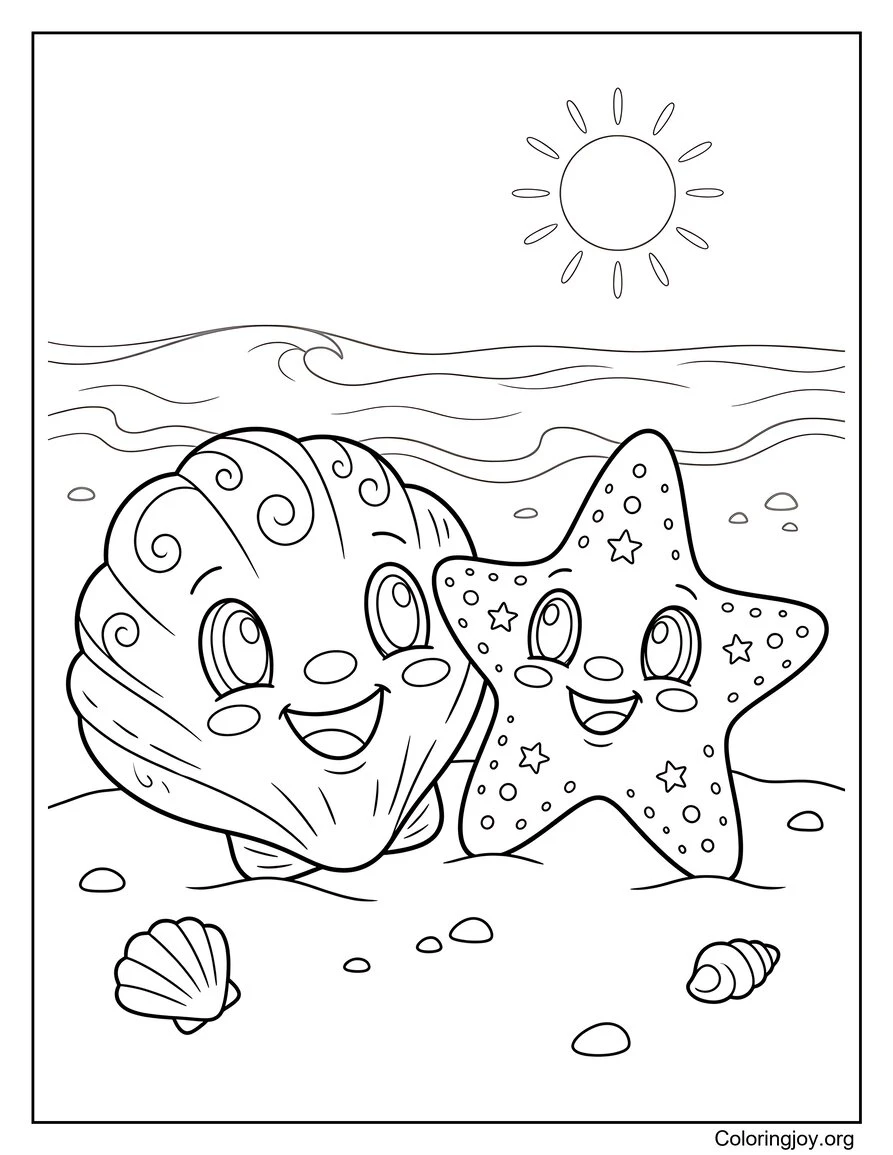 Hoja para colorear Kawaii de concha y estrella de mar sonrientes en la playa