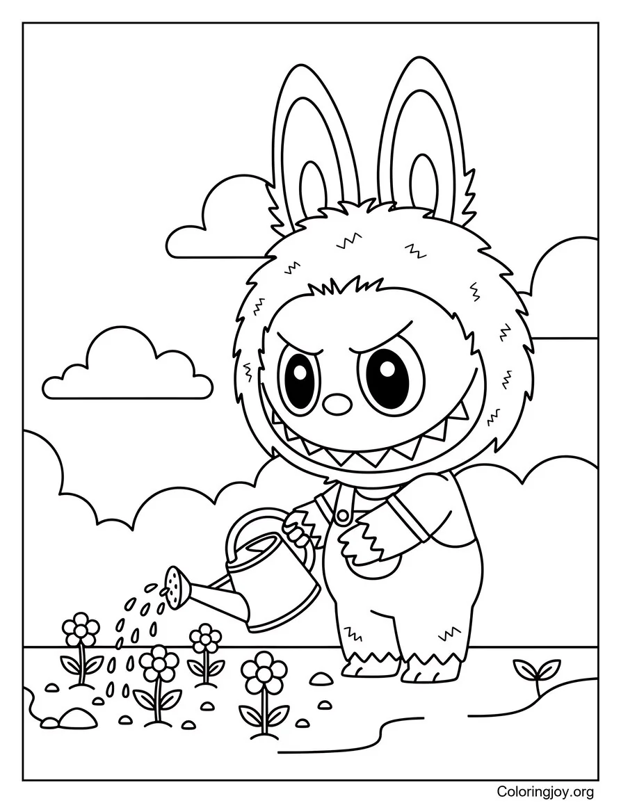 Labubu en un jardín primaveral