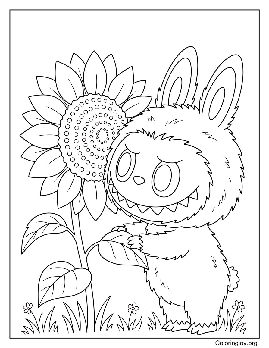 Labubu Oliendo un girasol