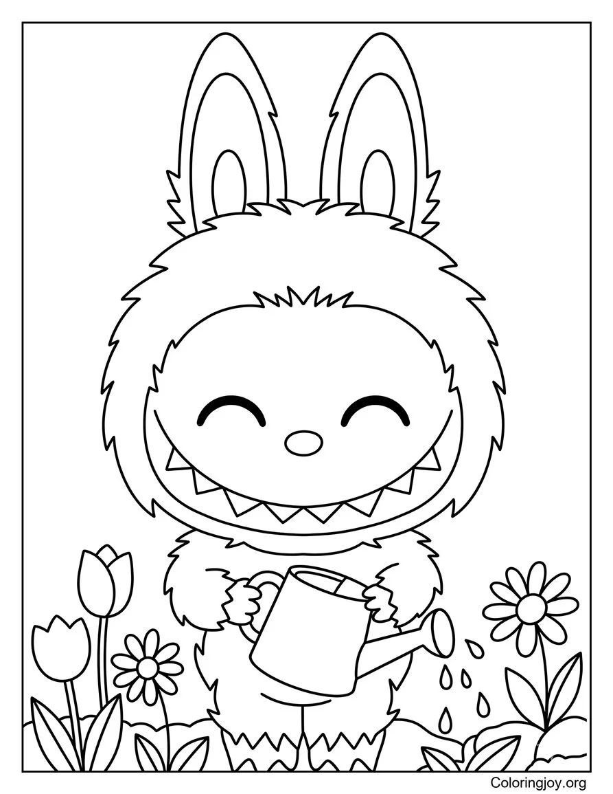 Labubu Regar las flores de primavera