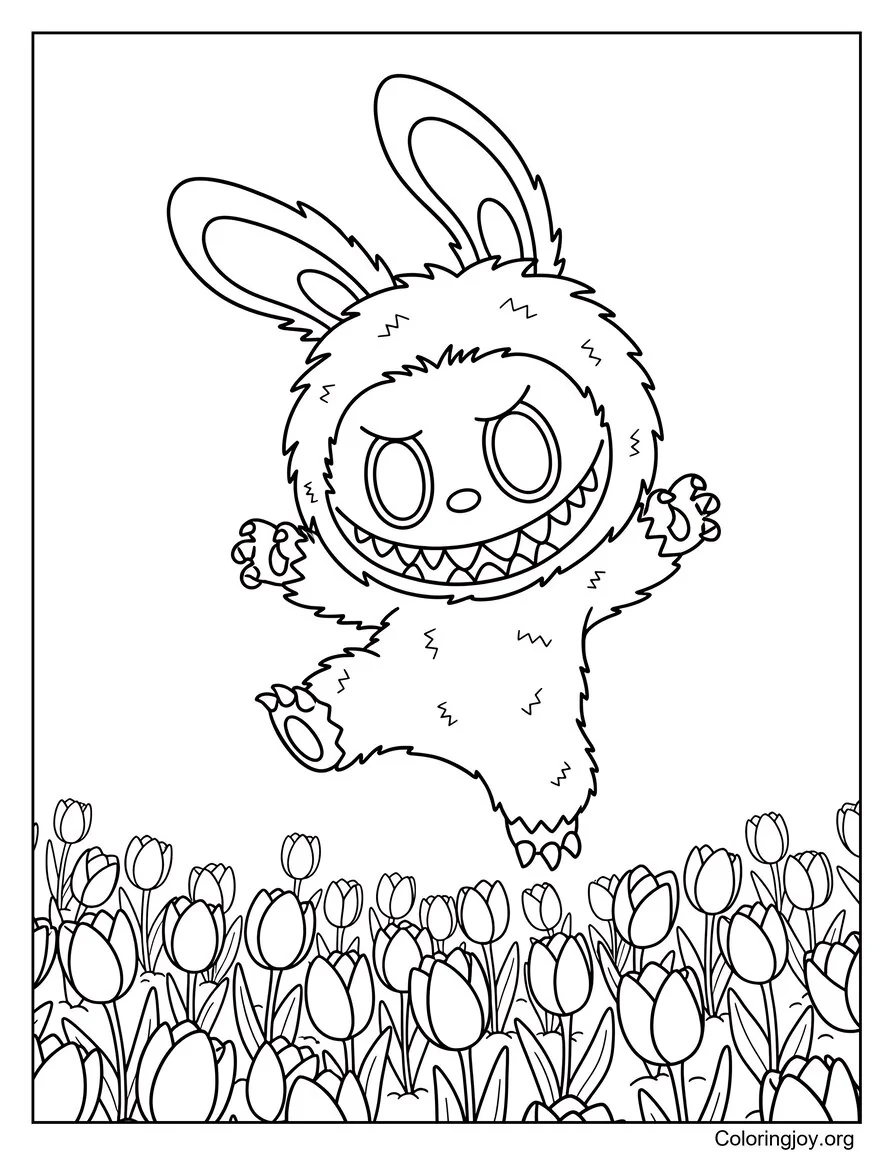 Labubu Saltando en un campo de tulipanes