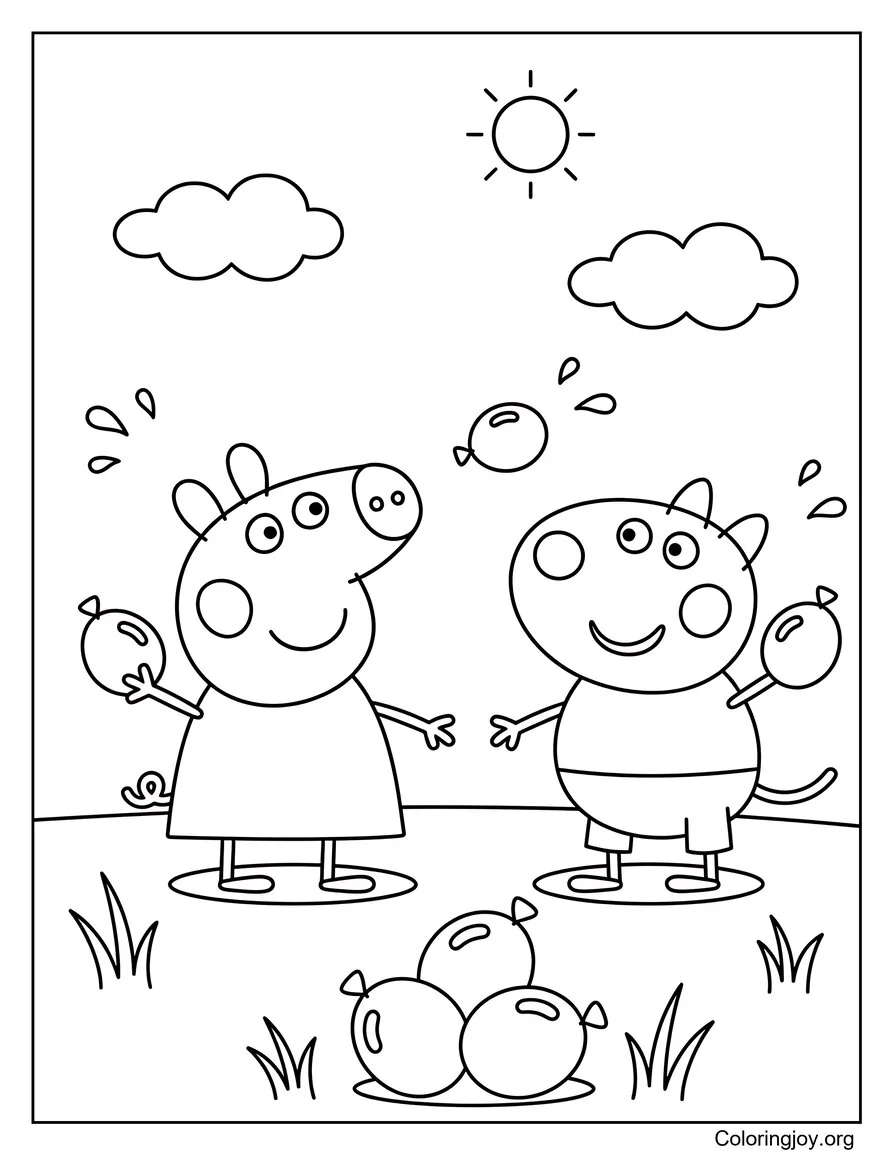 Lanzar globos de agua Peppa Pig-Página para colorear inspirada