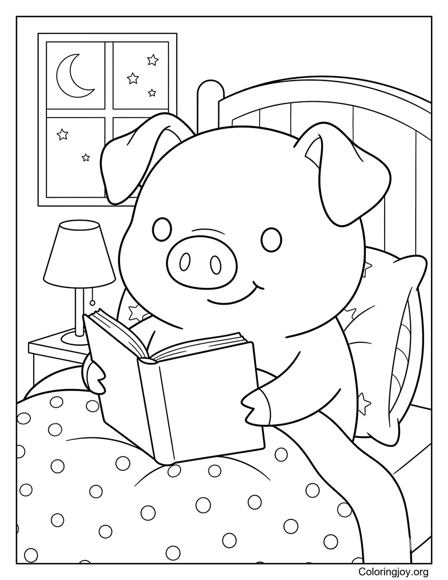 Leyendo un libro en la cama Página acogedora del cerdo