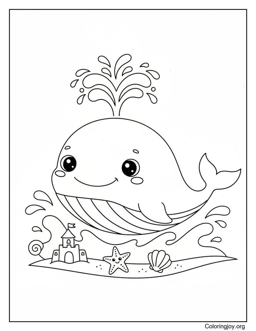 Linda ballena chapoteando cerca de la playa para colorear