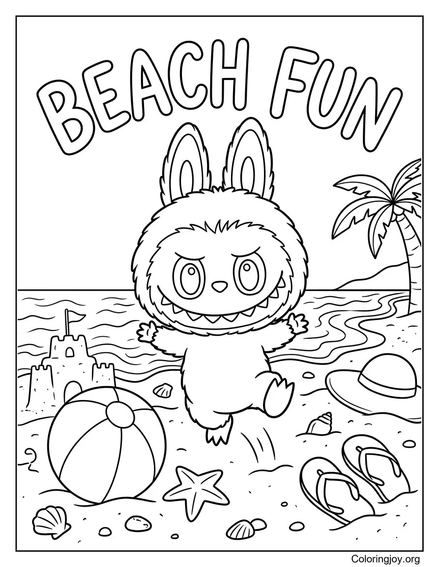 Linda página para colorear inspirada en la diversión en la playa Labubu
