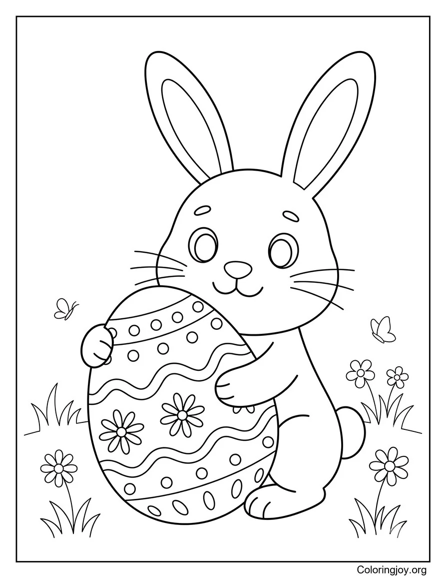 Página para colorear lindo conejito de Pascua abrazando huevo