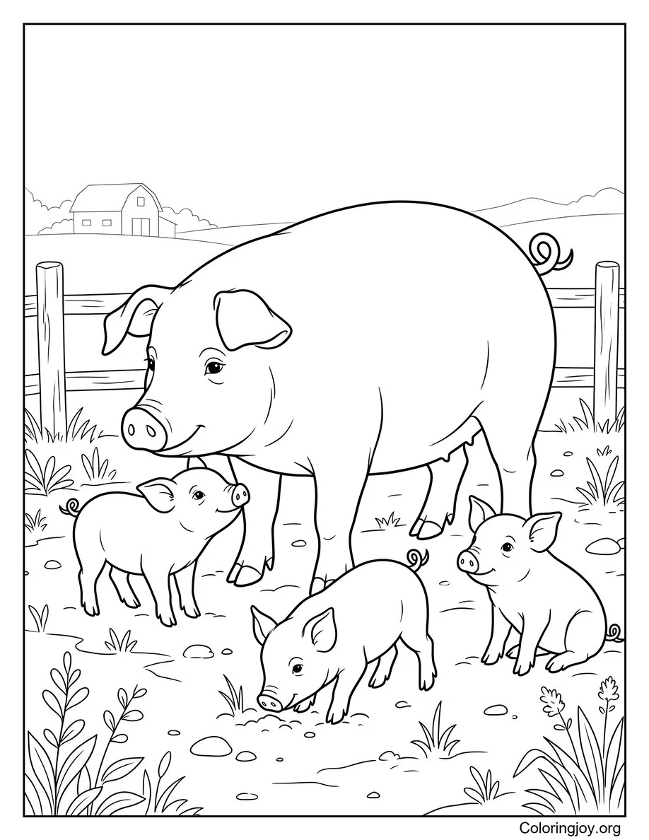 Página para colorear Madre Cerda y Lechones en la Granja