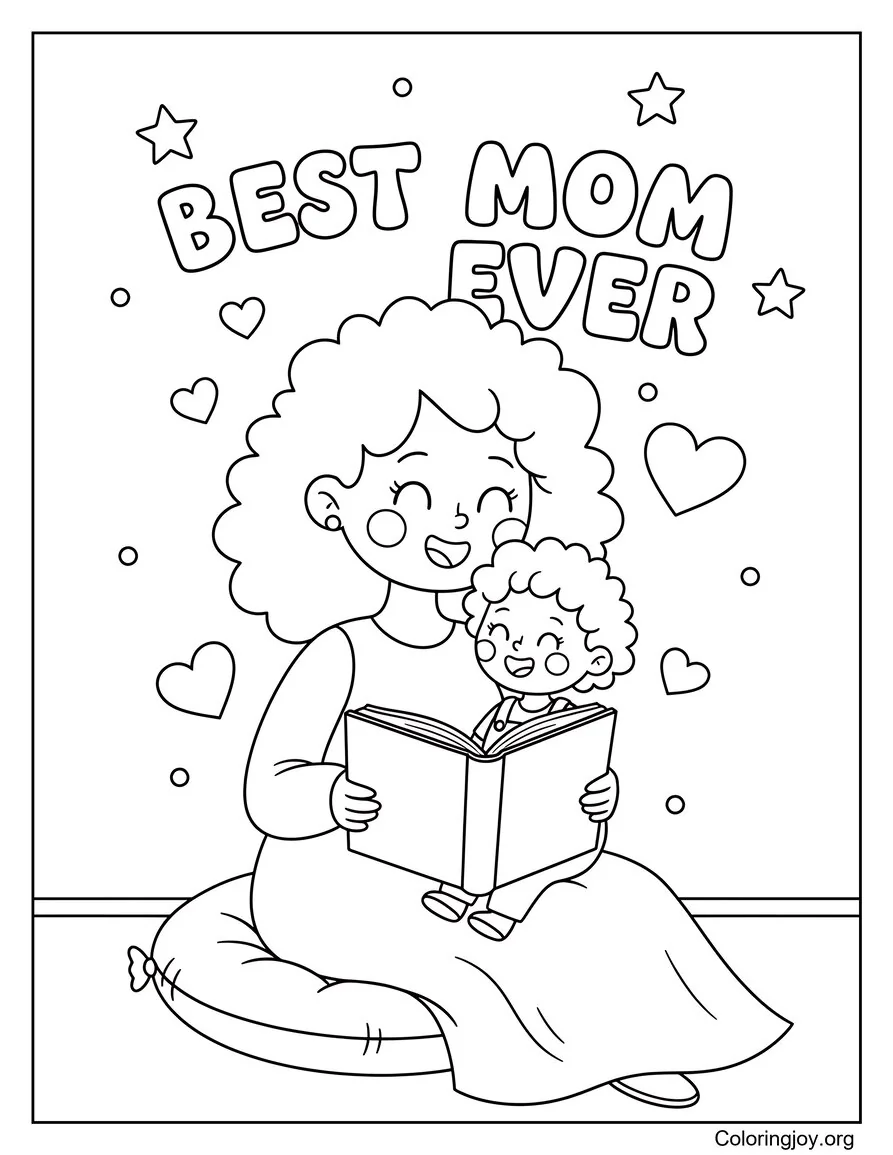 Página para colorear de cuentos de madre leyendo a su hijo imprimible