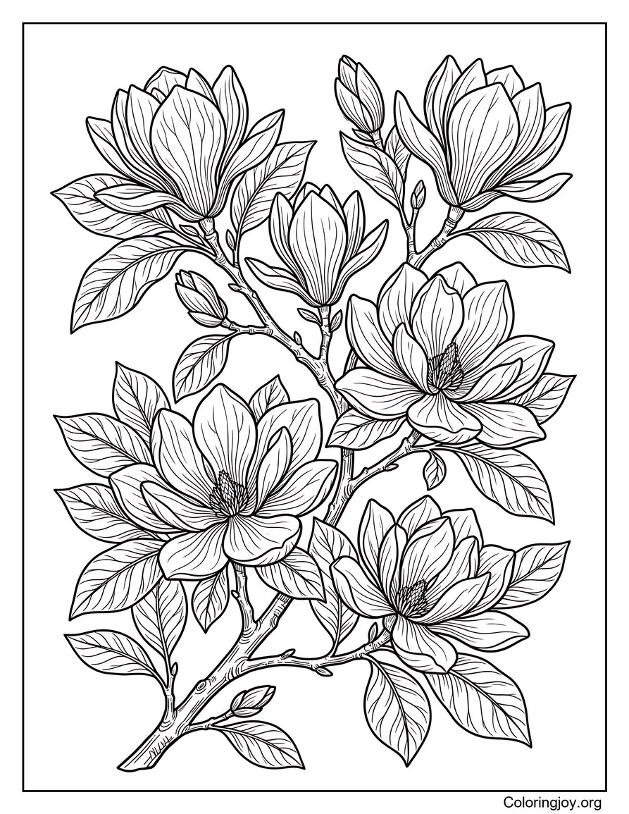 Página para colorear de rama de flor de primavera de magnolia