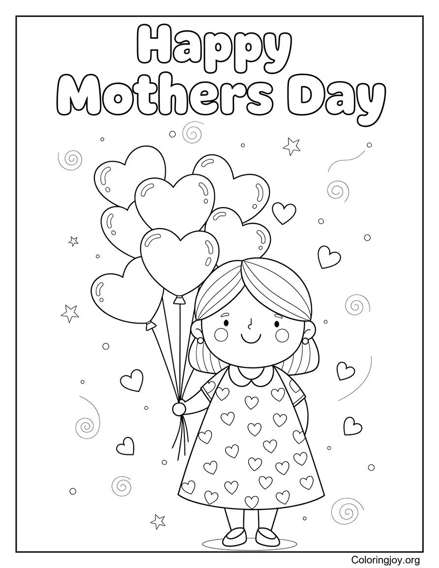 Página para colorear de mamá con globos de corazón feliz día de la madre