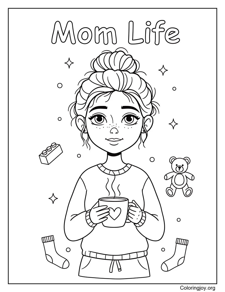 Mamá divertida con café Mamá vida desordenada Página para colorear