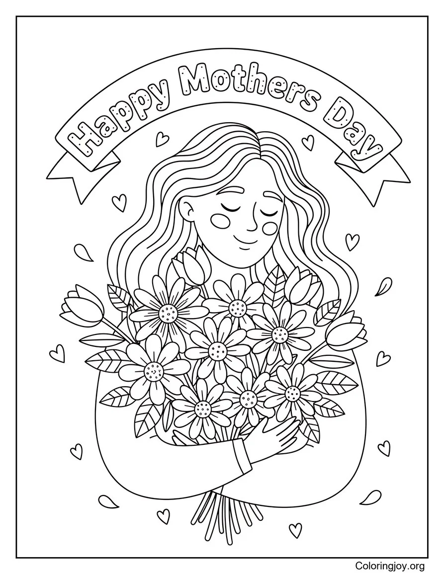 Mamá sosteniendo flores Feliz día de la madre Página para colorear Estilo suave