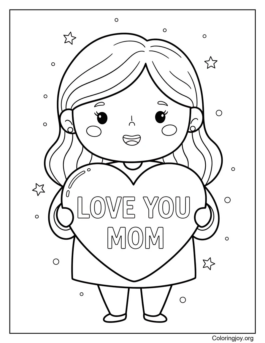 Mamá sosteniendo un cartel en forma de corazón Página para colorear Escena conmovedora