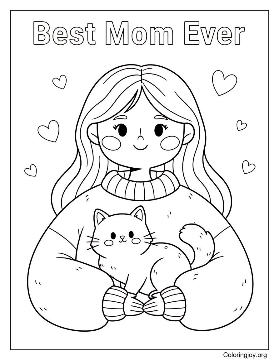 Mamá y gato La mejor mamá de todos los tiempos Página para colorear Escena linda