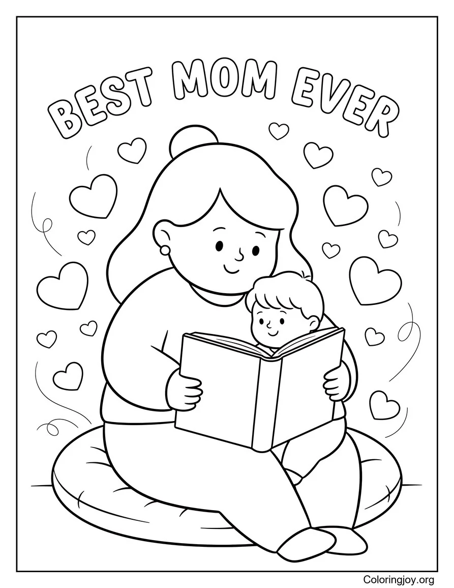 Mamá e hijo leyendo la página para colorear de La mejor mamá de todos los tiempos
