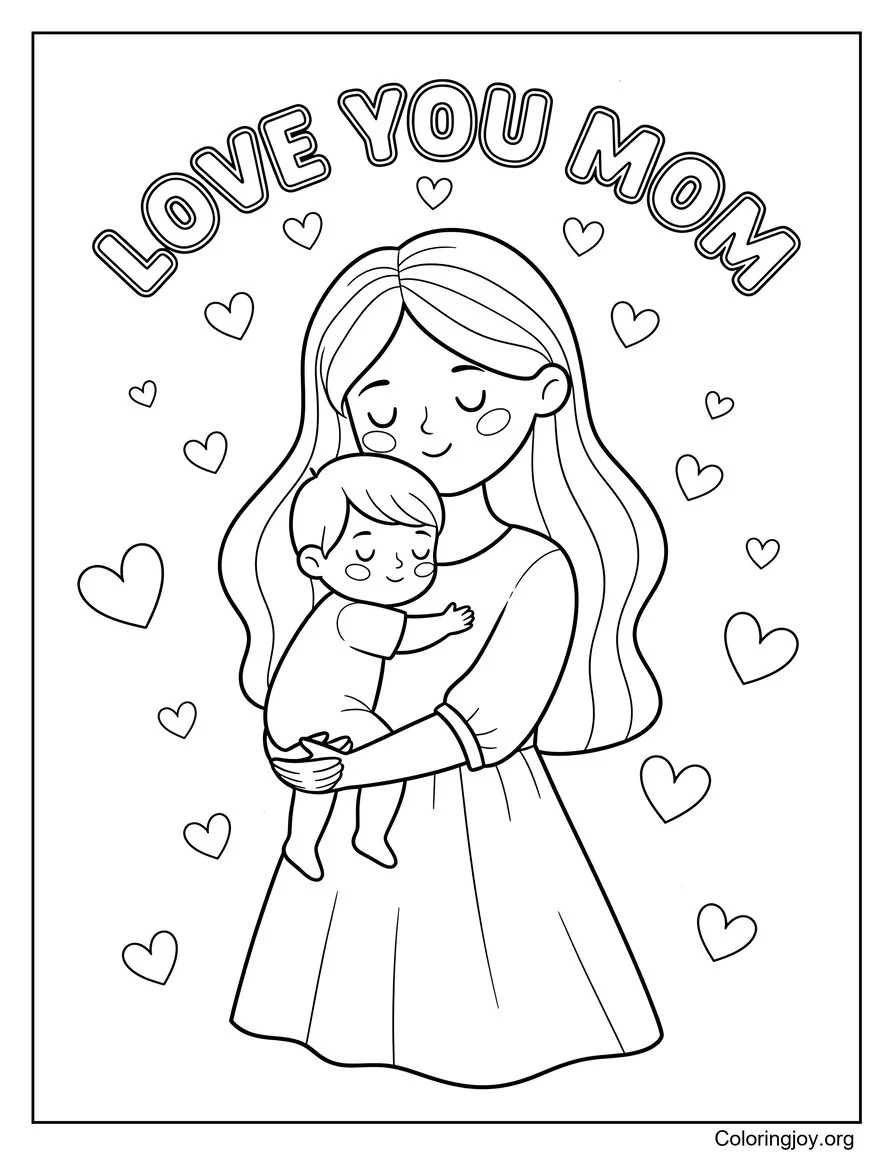 Página para colorear de abrazo de mamá e hijo con mensaje de amor