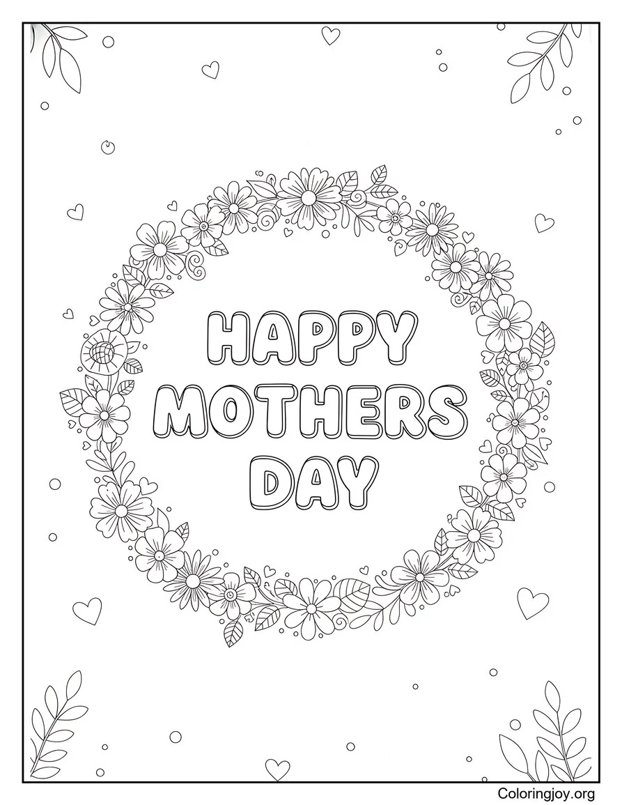 Marco floral Feliz día de la madre Página para colorear Estilo elegante y acogedor