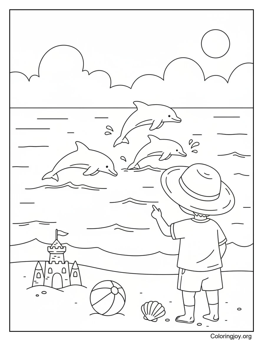 Página para colorear de niño observando delfines desde la playa