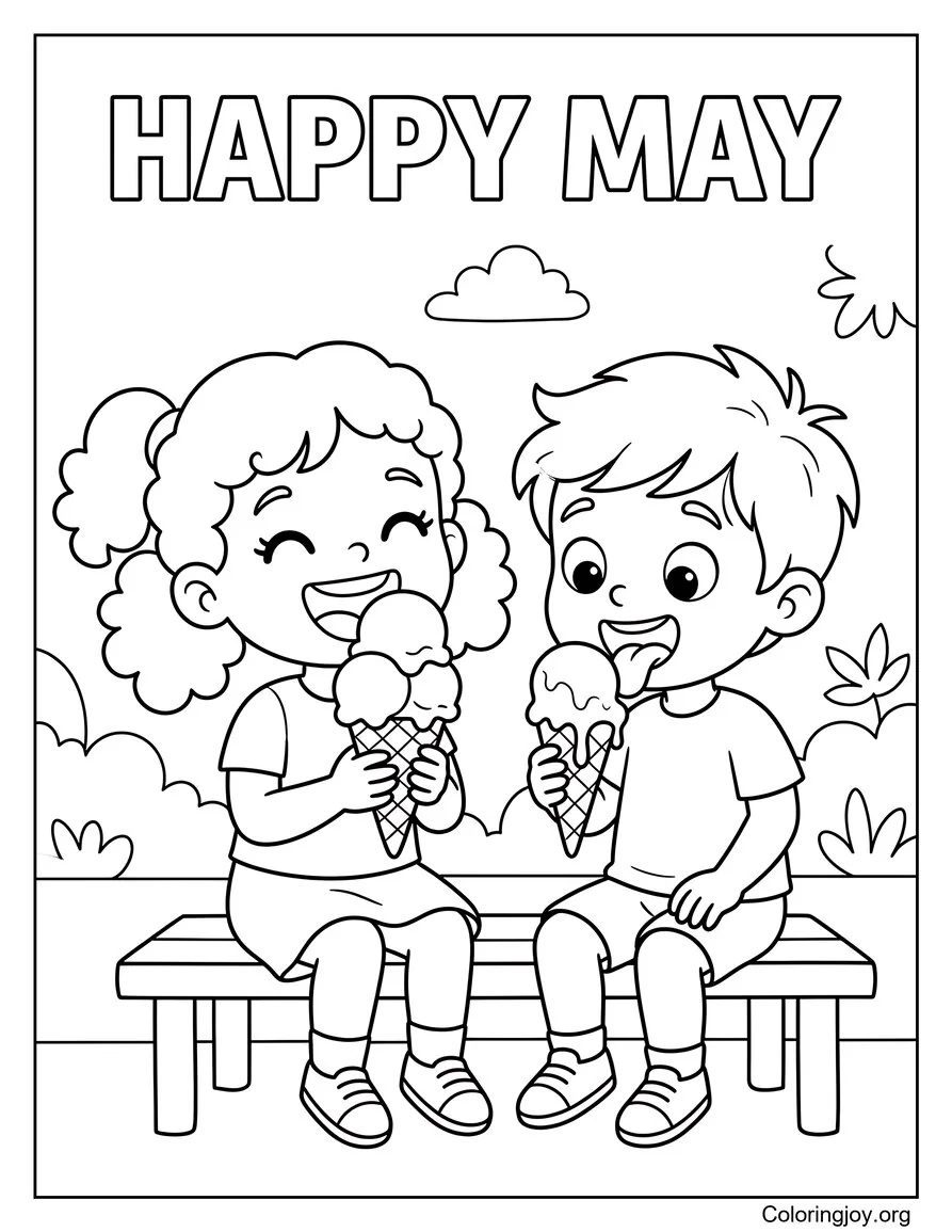 Niños disfrutando de un helado en un día cálido Hoja para colorear