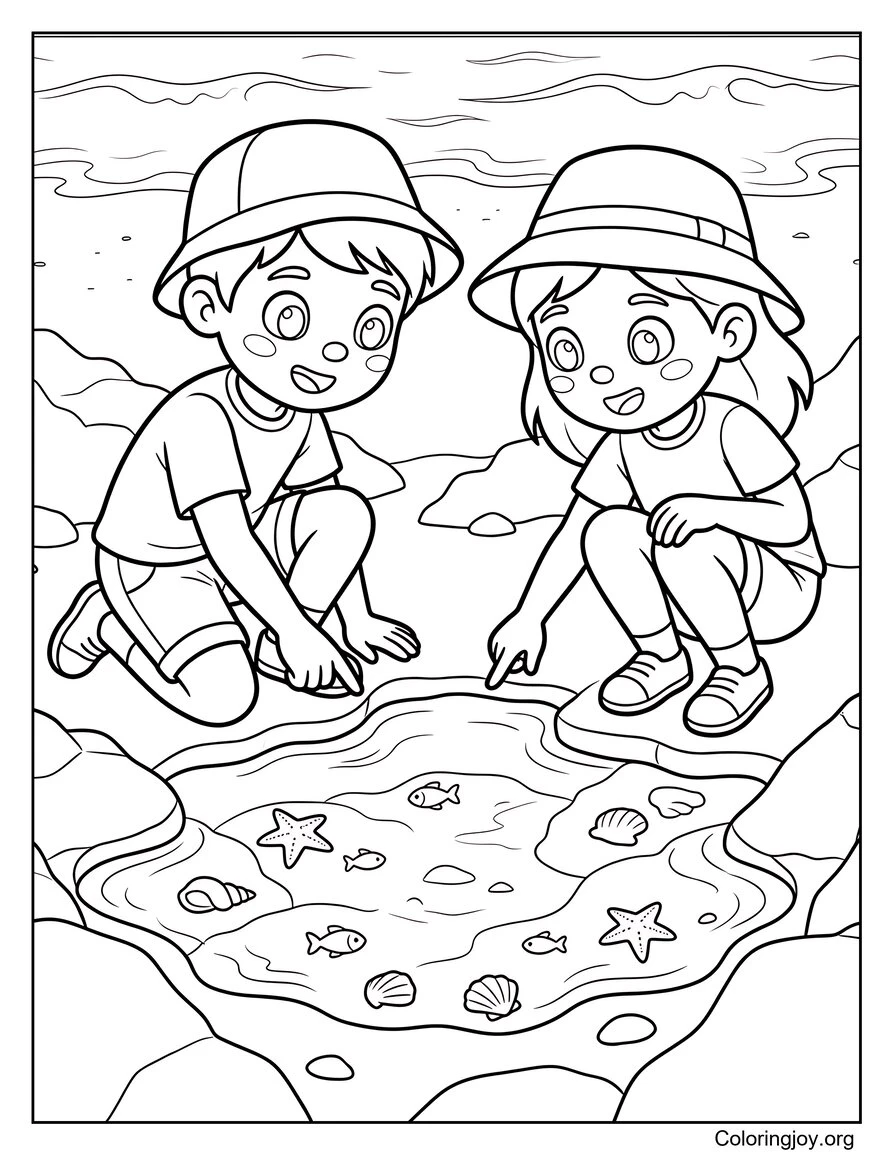 Página para colorear de niños explorando pozas de marea en la playa