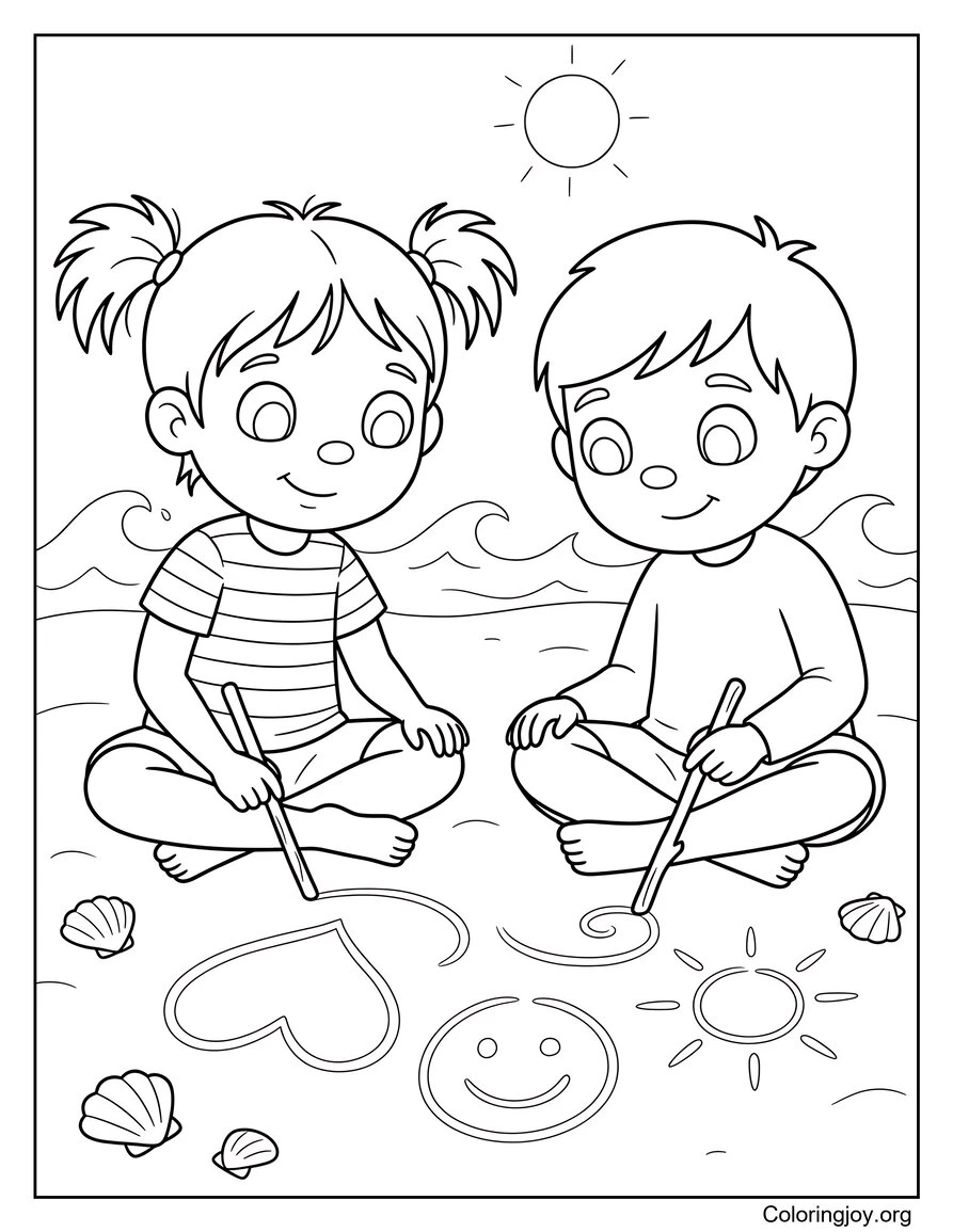 Hoja para colorear de niños haciendo dibujos en la arena