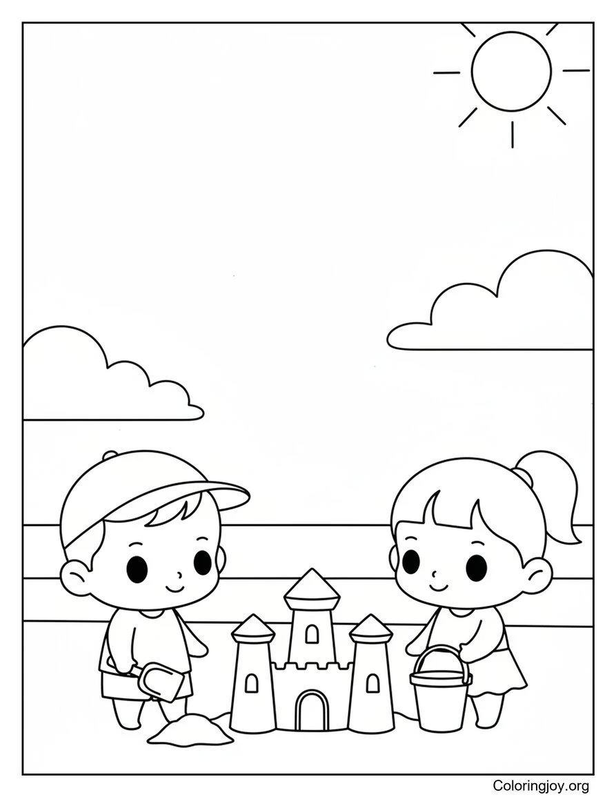 Hoja para colorear de niños jugando con cubos y palas en la arena