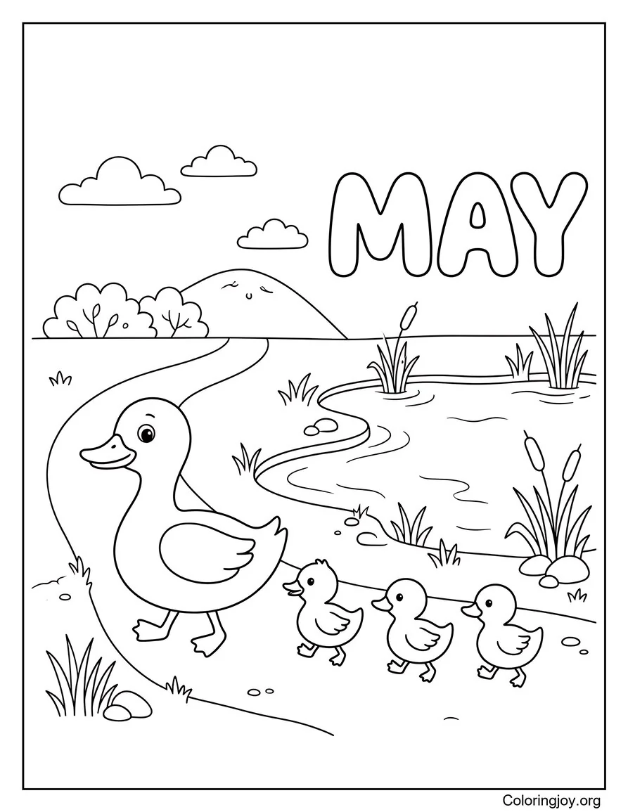 Página para colorear de la pequeña familia de patos caminando cerca de un estanque