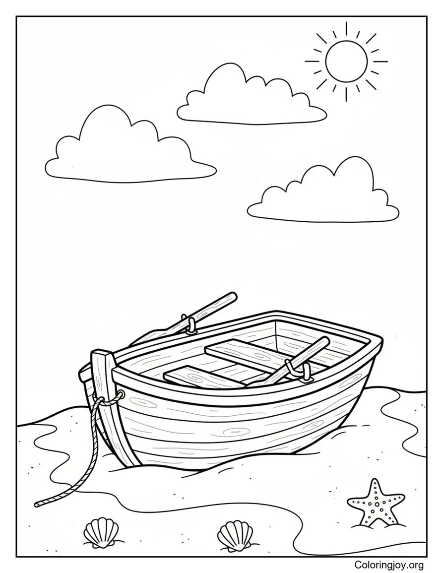 Barco pequeño estacionado cerca de la orilla de la playa Página para colorear