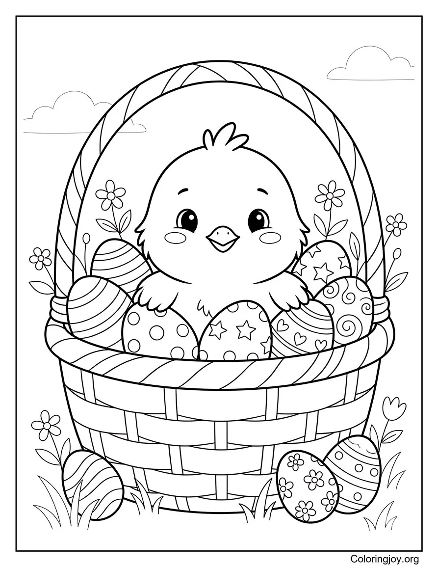 Página para colorear de pollito en canasta de Pascua