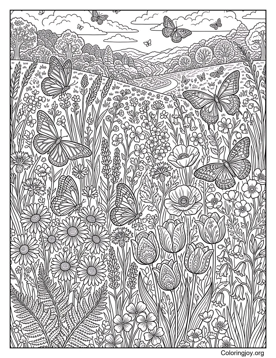 Página para colorear de pradera de flores silvestres de primavera