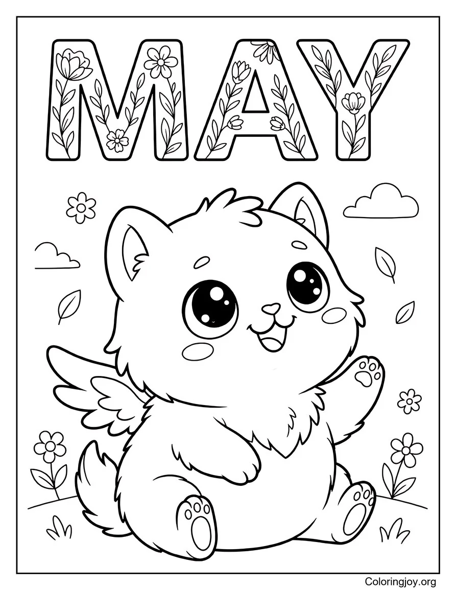 Página para colorear de la palabra de mayo decorada con hojas y motivos florales