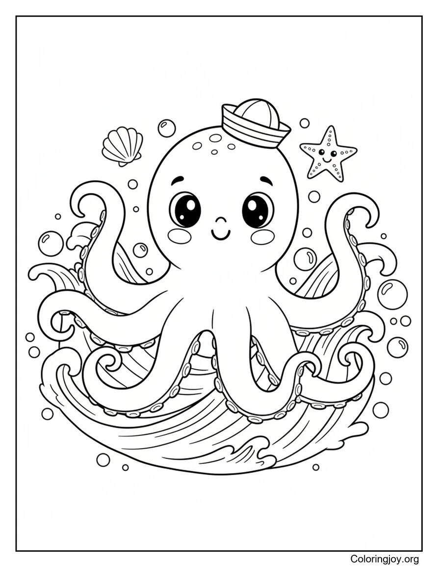 Hoja para colorear de pulpo de dibujos animados jugando cerca de las olas de la playa