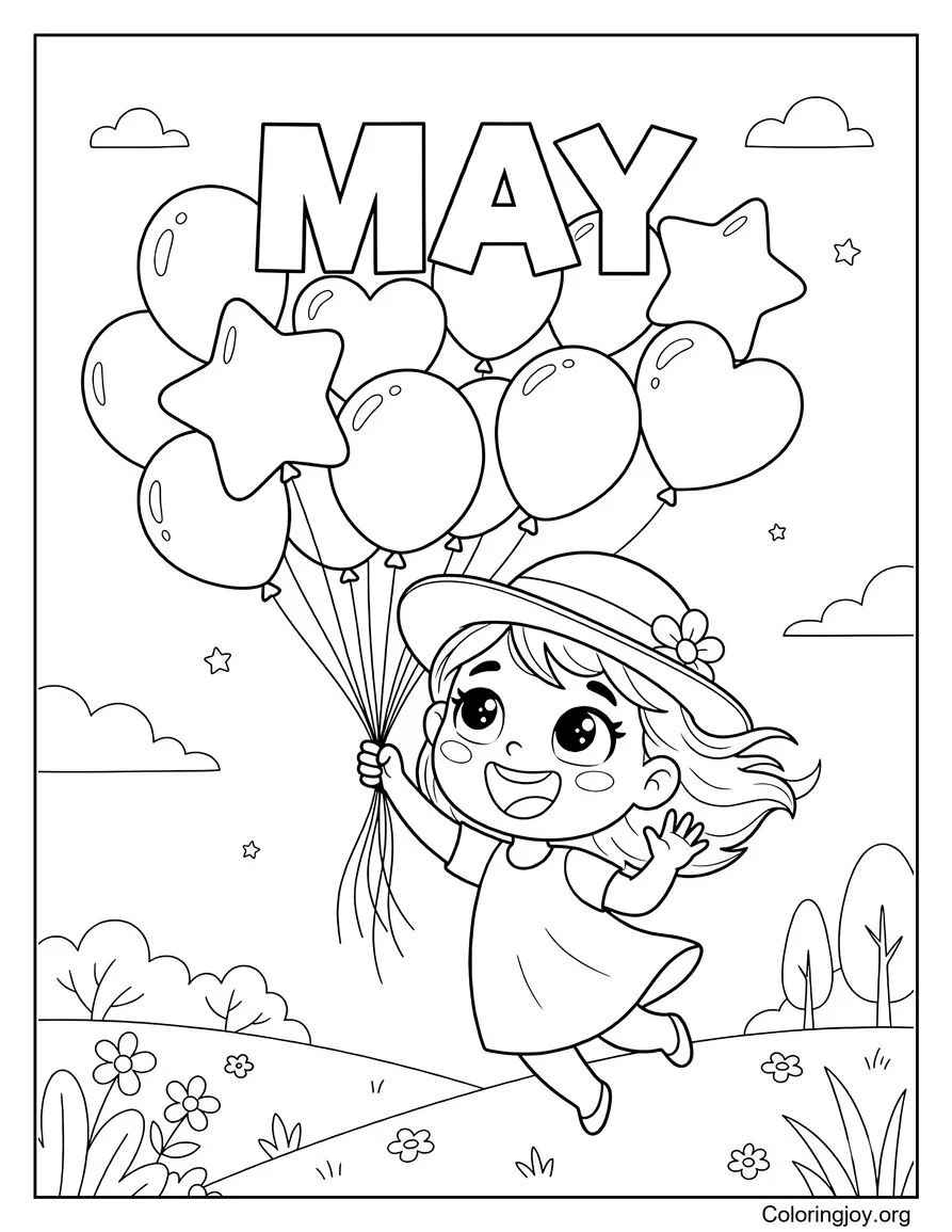 Hoja para colorear de mayo felicidad con globos y escenas de la naturaleza