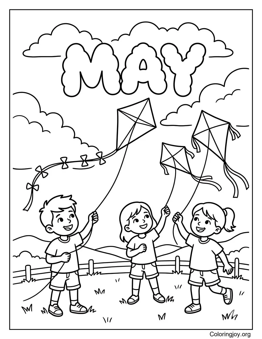 Página para colorear del día divertido de mayo con niños volando cometas