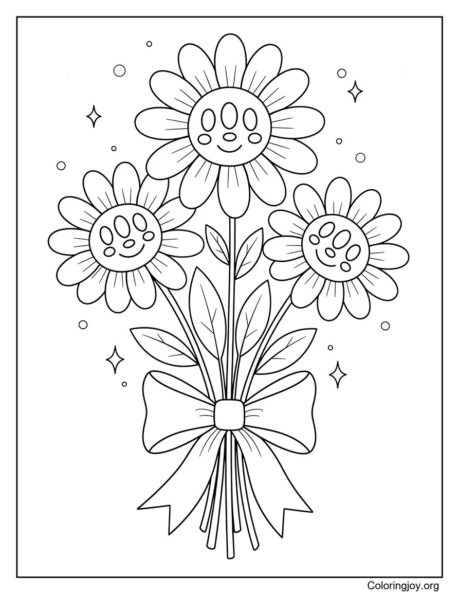 Página para colorear de ramo de flores de primavera con cinta