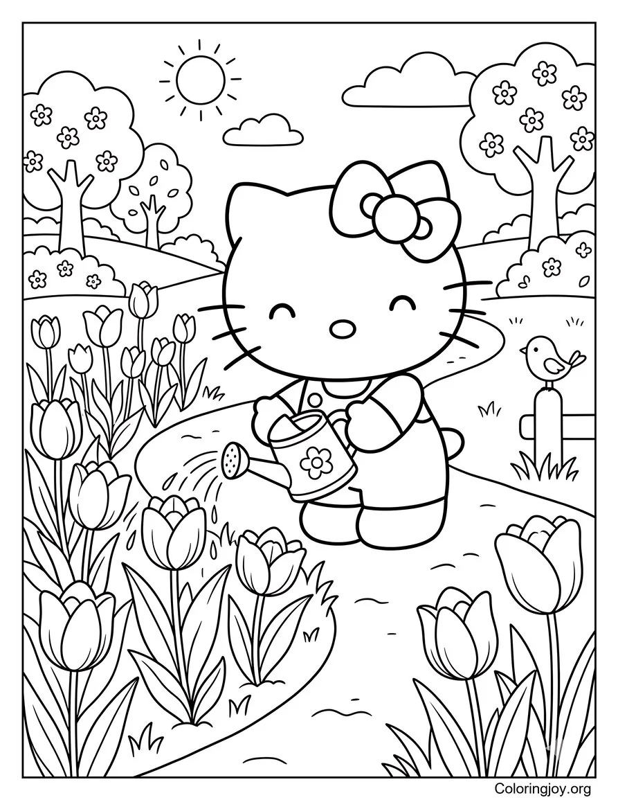 Regando tulipanes en primavera con Hello Kitty