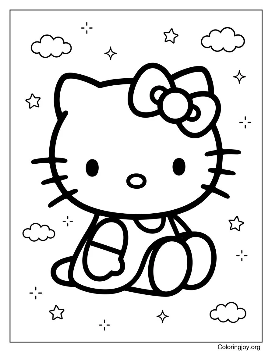 Hoja para colorear de Kitty Relajándose con las Nubes