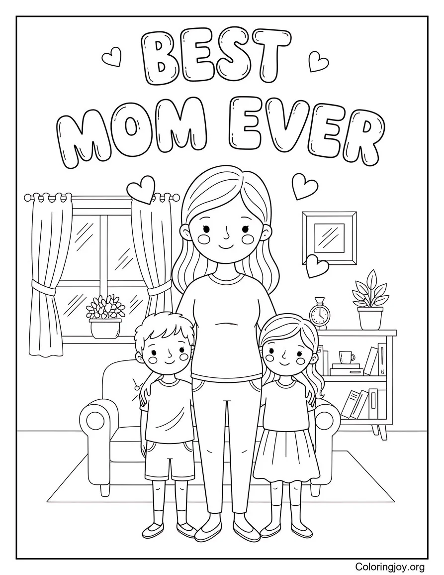 Retrato de madre y familia Página para colorear de la mejor mamá de todos los tiempos