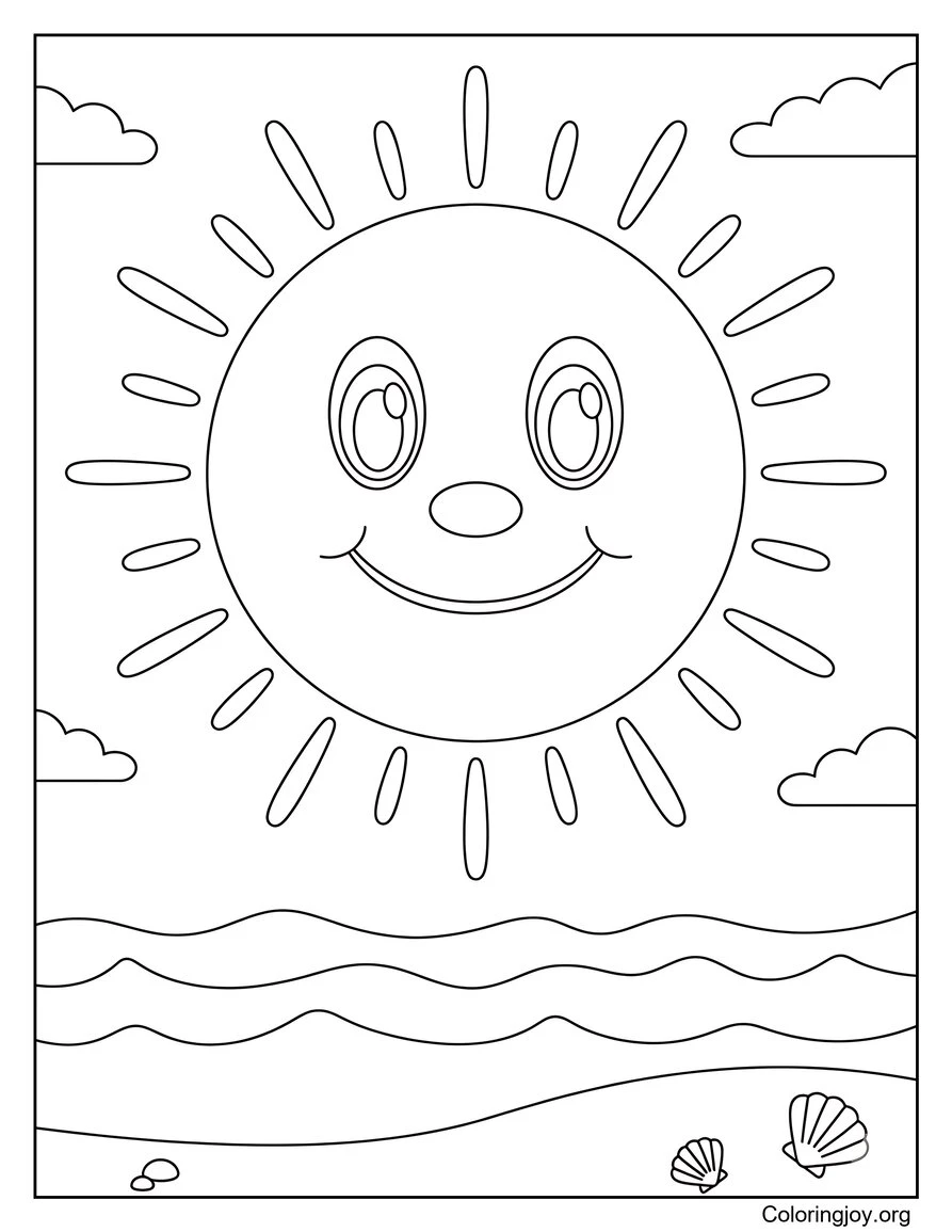 Página para colorear fácil de sol sonriente sobre olas de playa simples