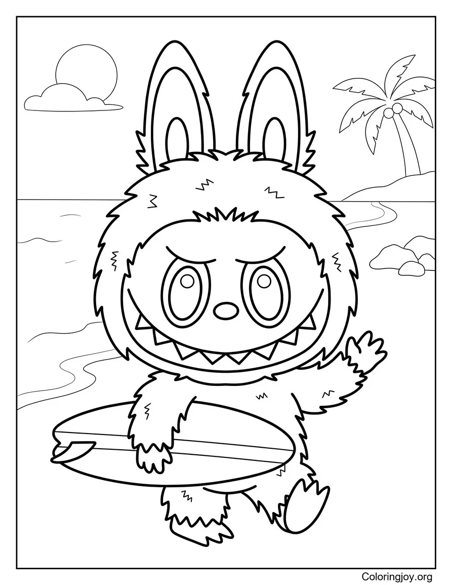 Sosteniendo una tabla de surf en la playa Página para colorear inspirada en Labubu