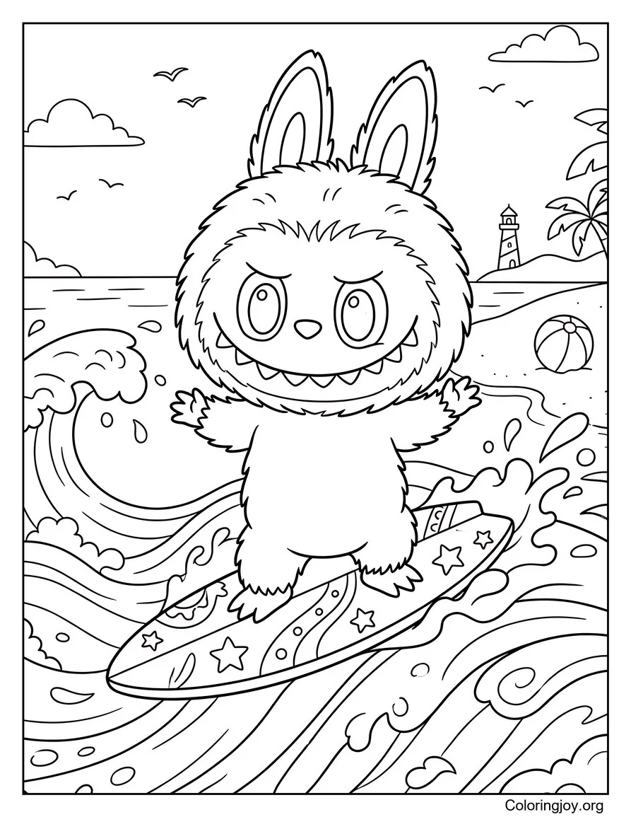 Surfeando en una ola pequeña Hoja para colorear inspirada en Labubu