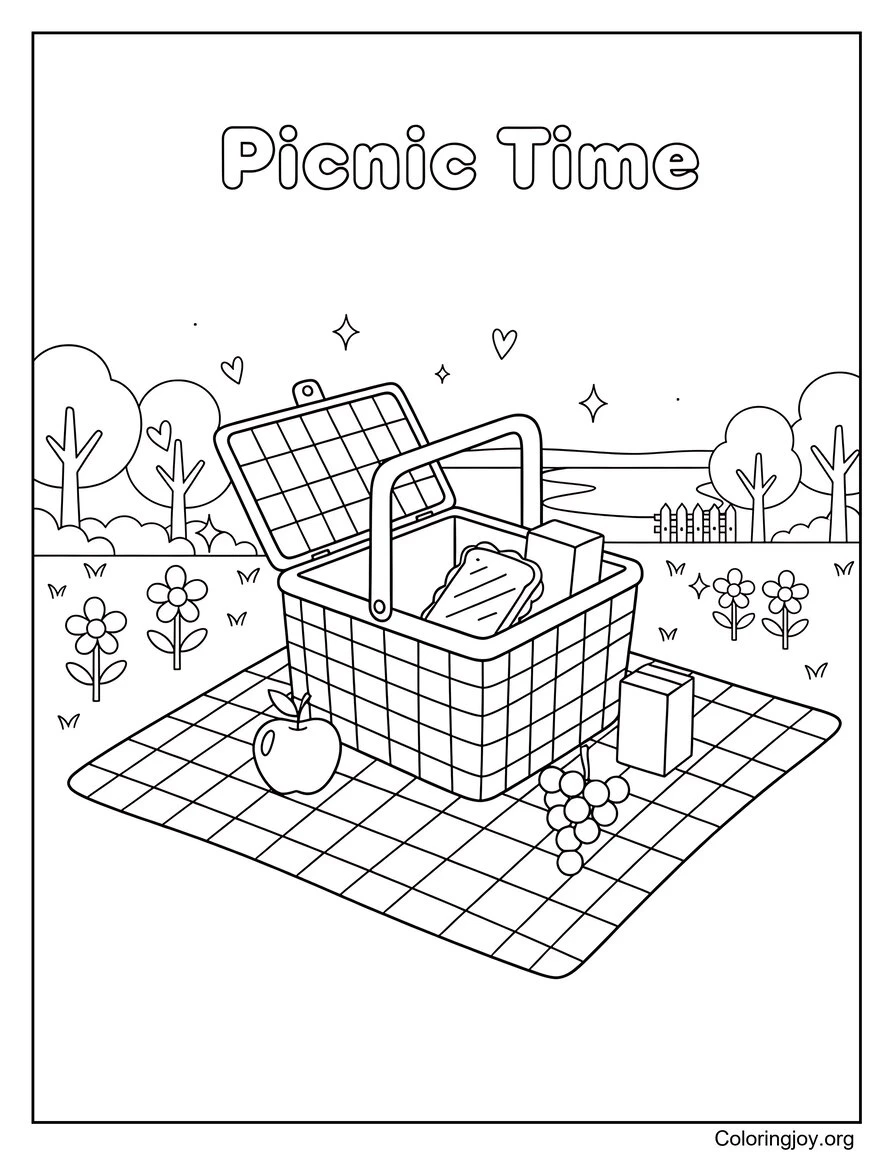 Hora de picnic Hoja para colorear de verano en familia Fácil de imprimir