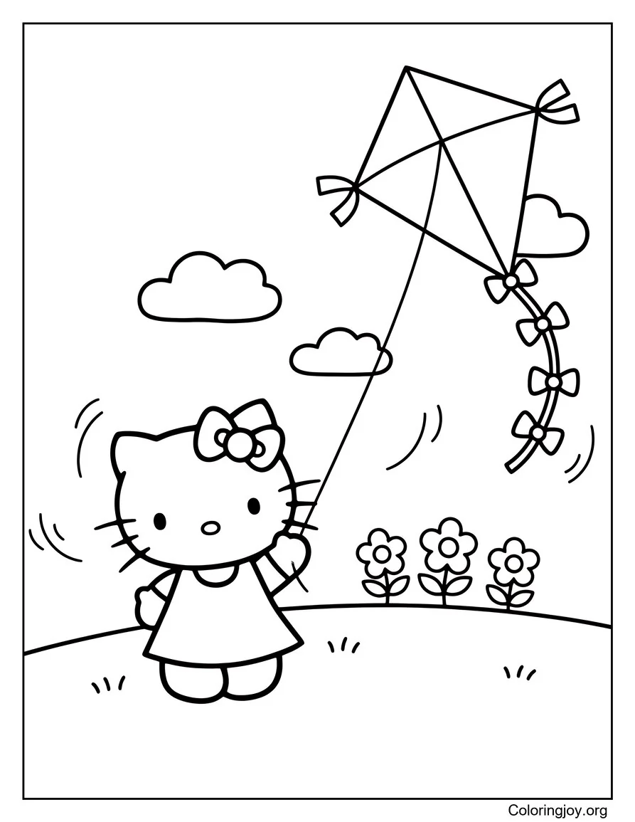 Volar una cometa con Hello Kitty en un día de primavera