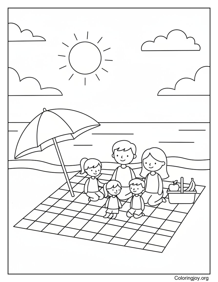 Family Having A Picnic On The Beach Coloring Sheet
